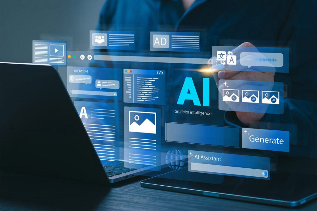 A person interacts with a laptop displaying transparent digital interfaces, highlighting AI tools and options.