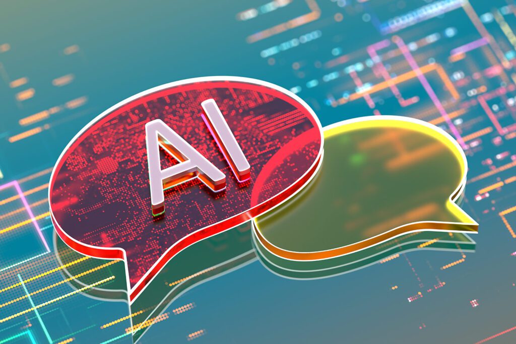 Colorful speech bubbles with "AI" in the foreground, set against a digital backdrop of circuits and data patterns.