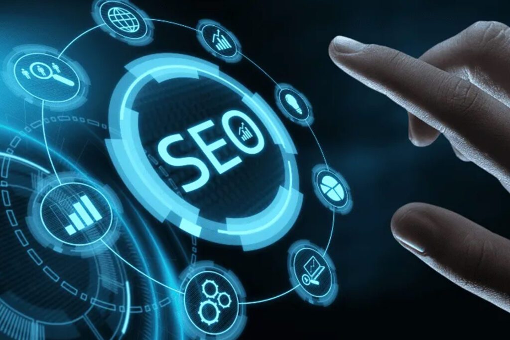 A hand reaches towards a glowing blue circle with "SEO" surrounded by various digital icons on a dark background.