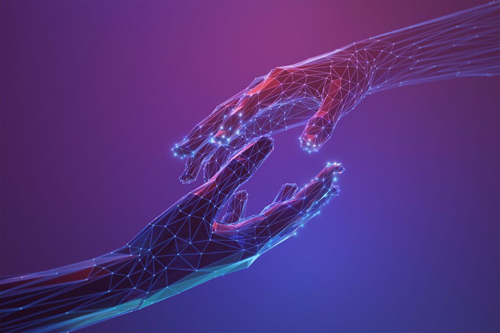 Futuristic hands reaching out, made of glowing lines and nodes against a gradient purple background.